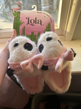 lola Pink Plush Panda Slippers with Bows